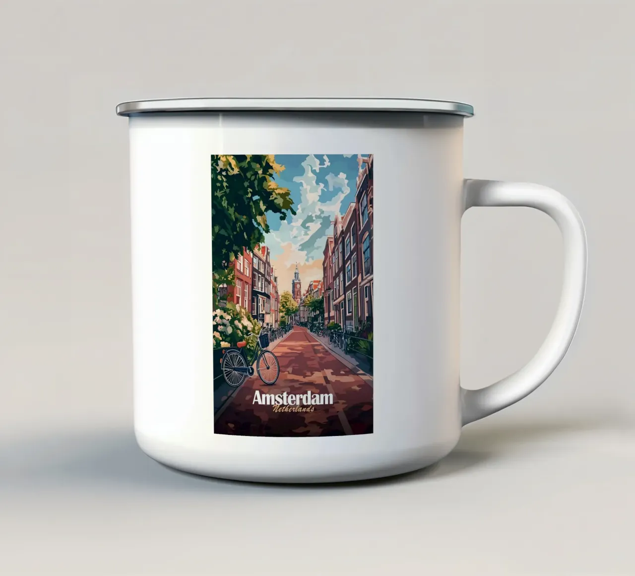 Scena di strada ad Amsterdam tazza in smalto da Ginnery