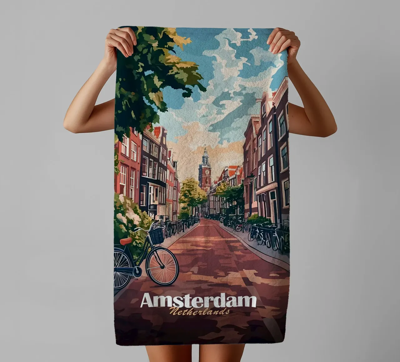 Scena di strada ad Amsterdam asciugamano da bagno da Ginnery