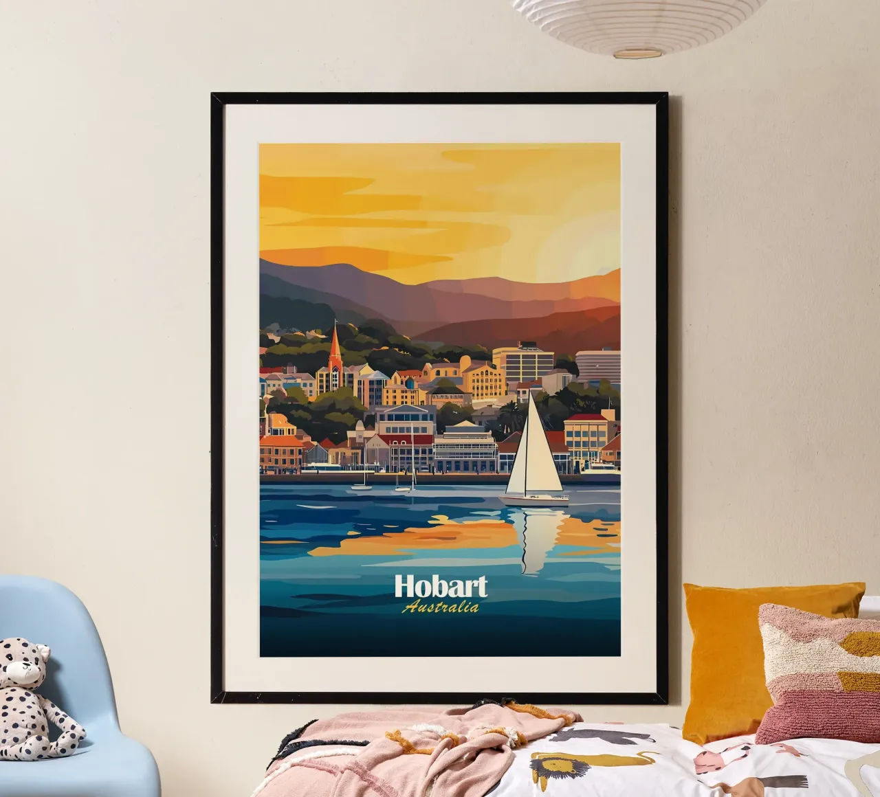 Hobart, Australia Paesaggio urbano poster con telaio in plastica da Ginnery