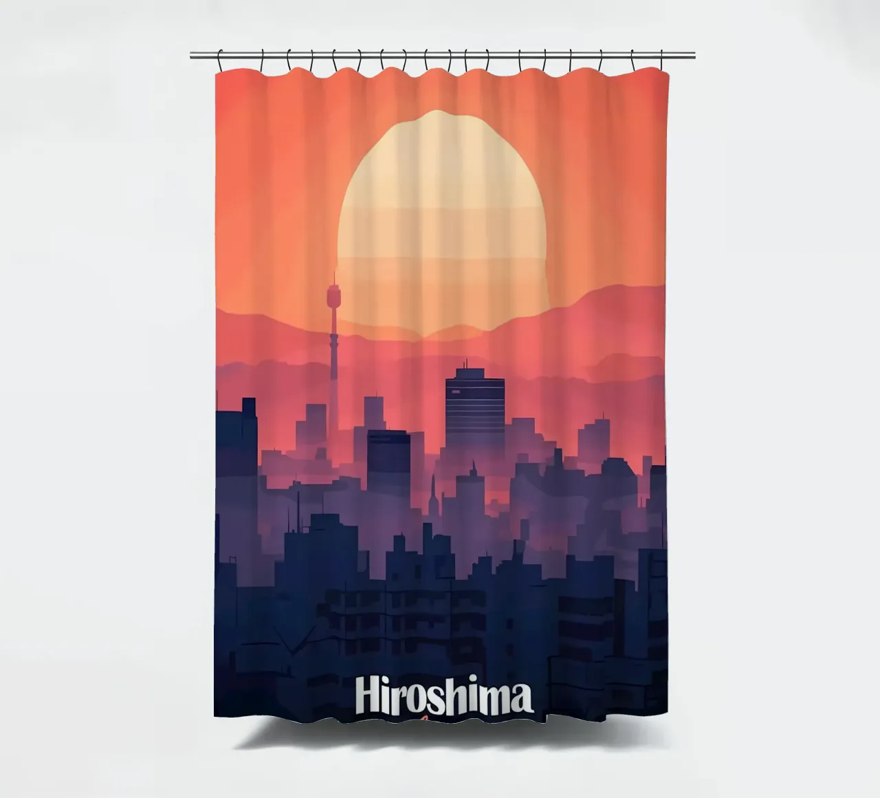 Hiroshima Skyline Sonnenuntergang Duschvorhang von Ginnery