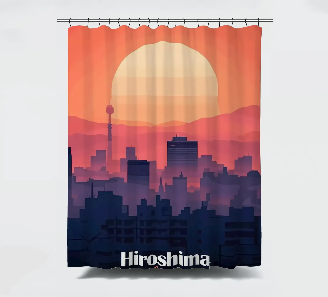 Hiroshima Skyline Sonnenuntergang Duschvorhang von Ginnery