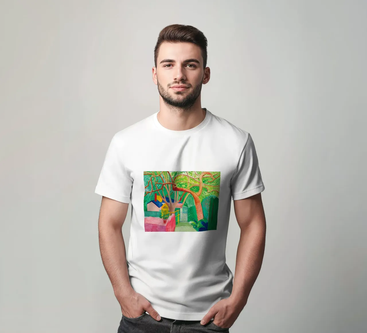 Shady trees in front of the house - David hockney t-shirt da Perdana shop