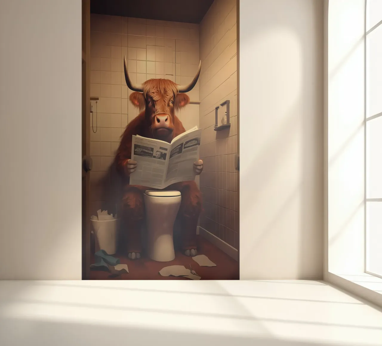 Hochlandkuh auf der Toilette Fototapete von Mikesell