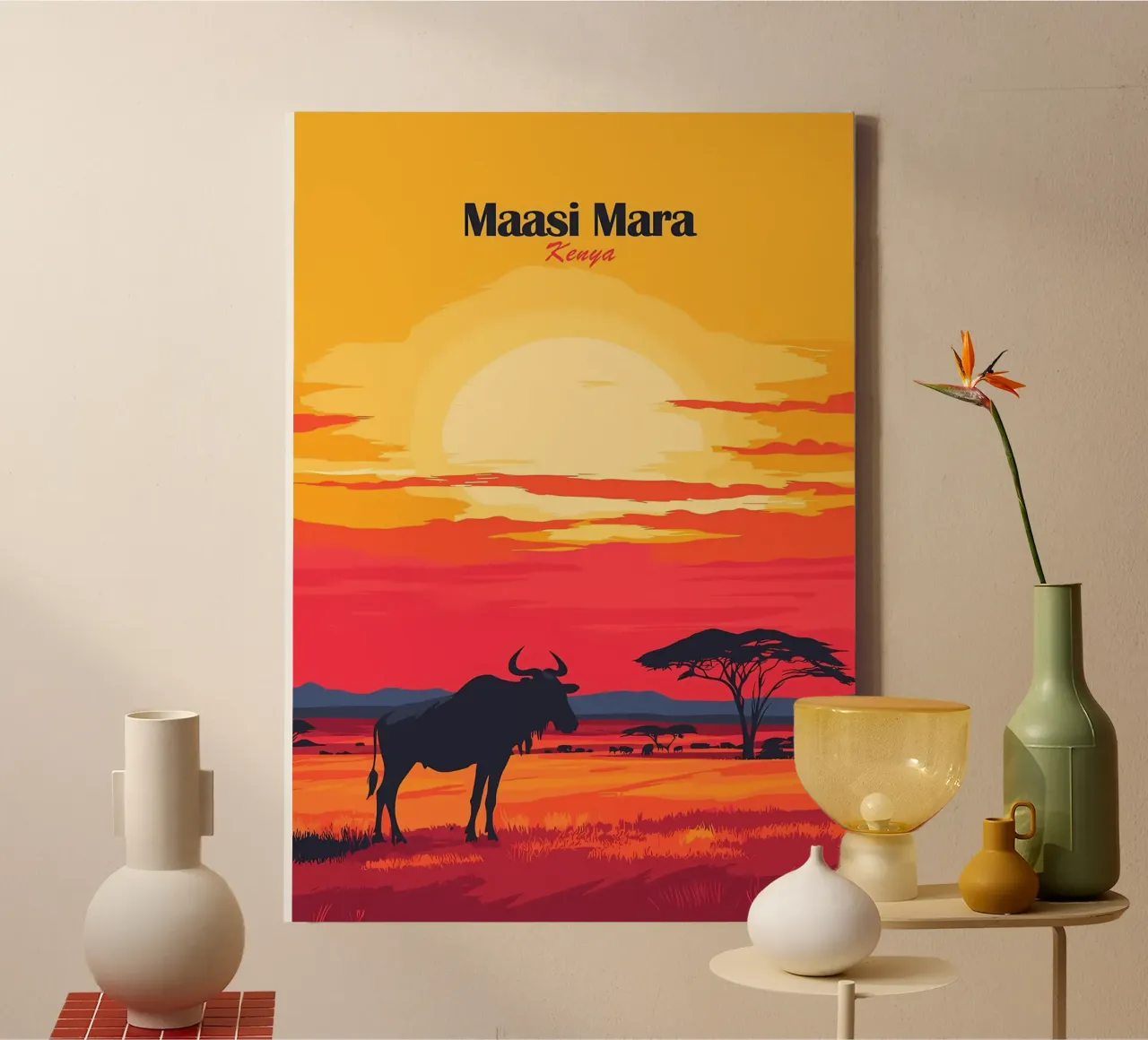 Atardecer en el Maasai Mara lienzo con Marco flotante de Ginnery