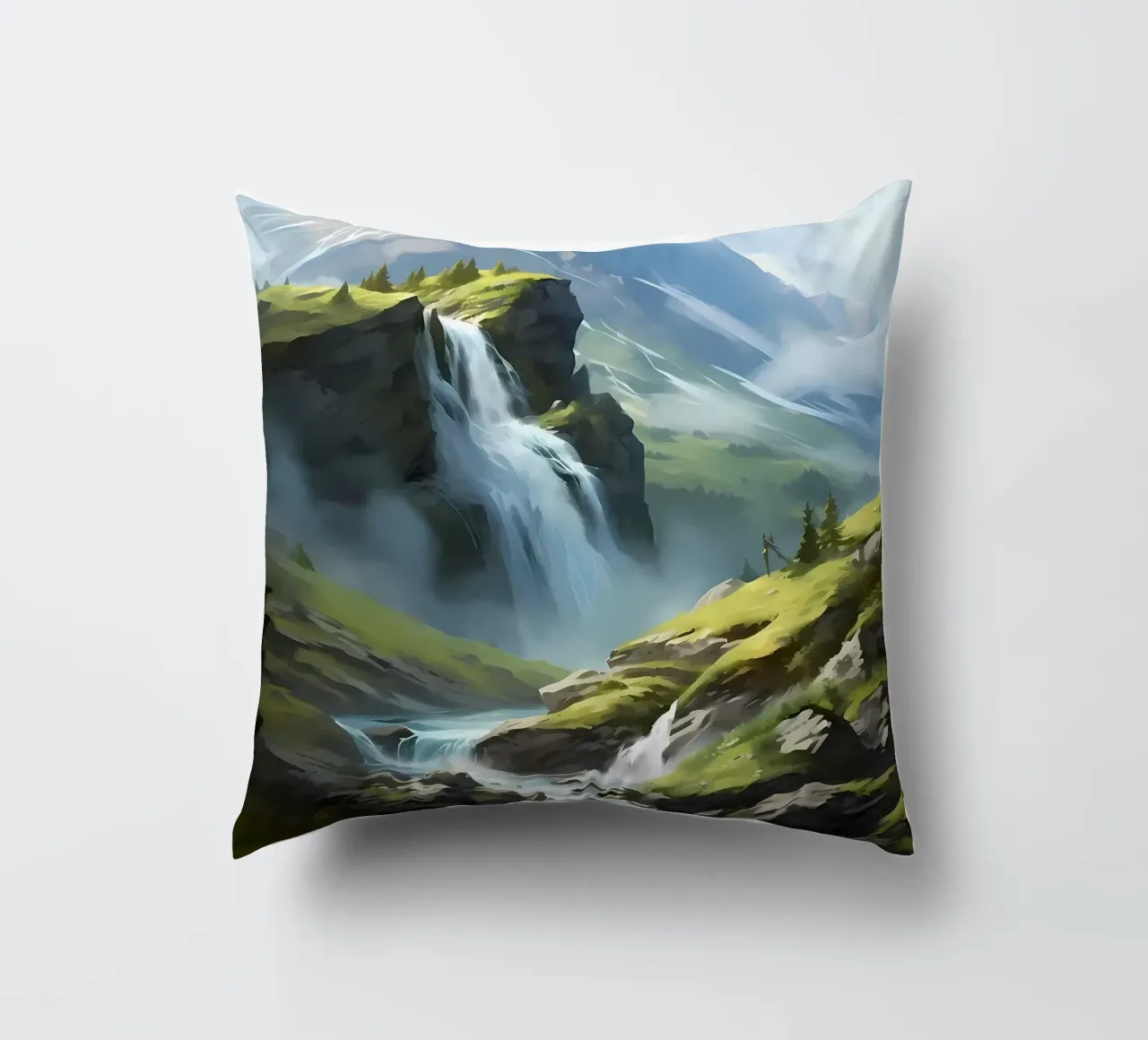 Waterfall Landscape Art decorative cushion by Mikesell