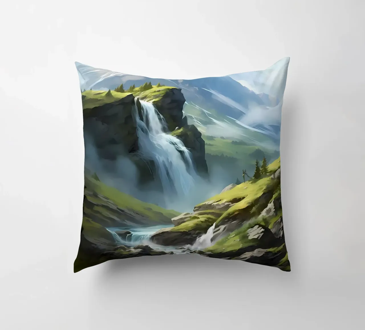 Waterfall Landscape Art decorative cushion by Mikesell