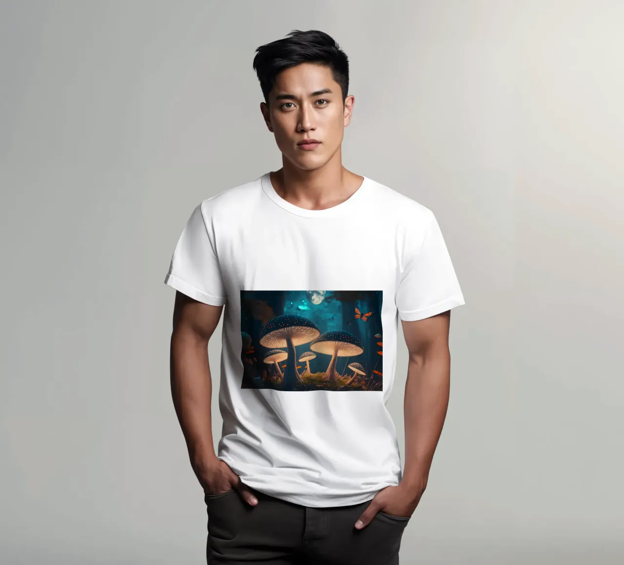Fantasy glowing mushrooms t-shirt by Delaplane