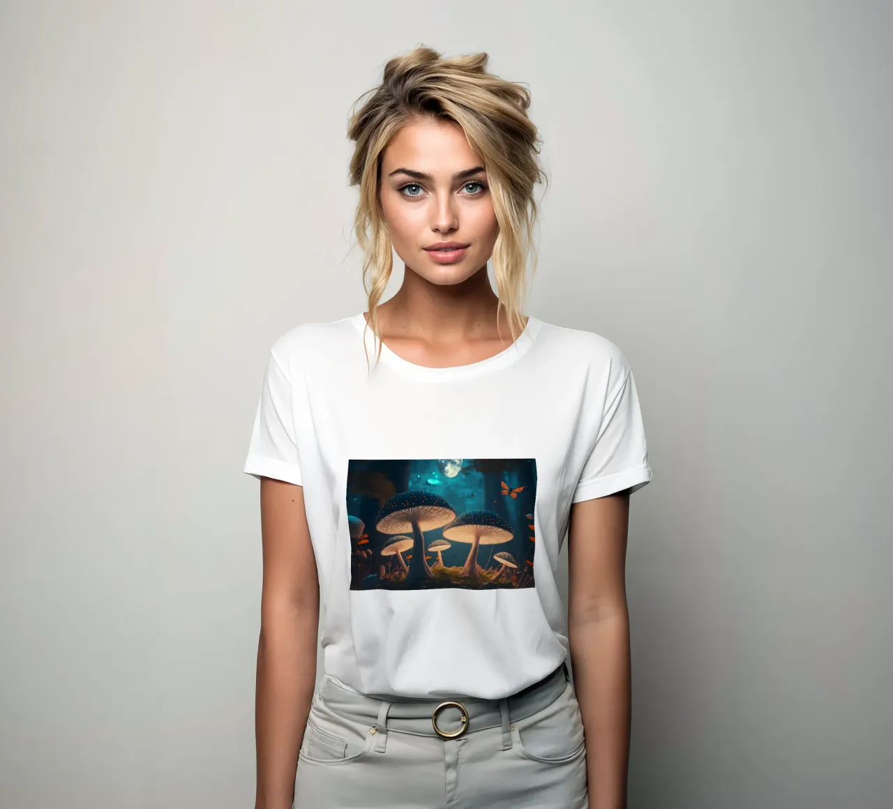 Fantasy glowing mushrooms women's fitted t-shirt by Delaplane