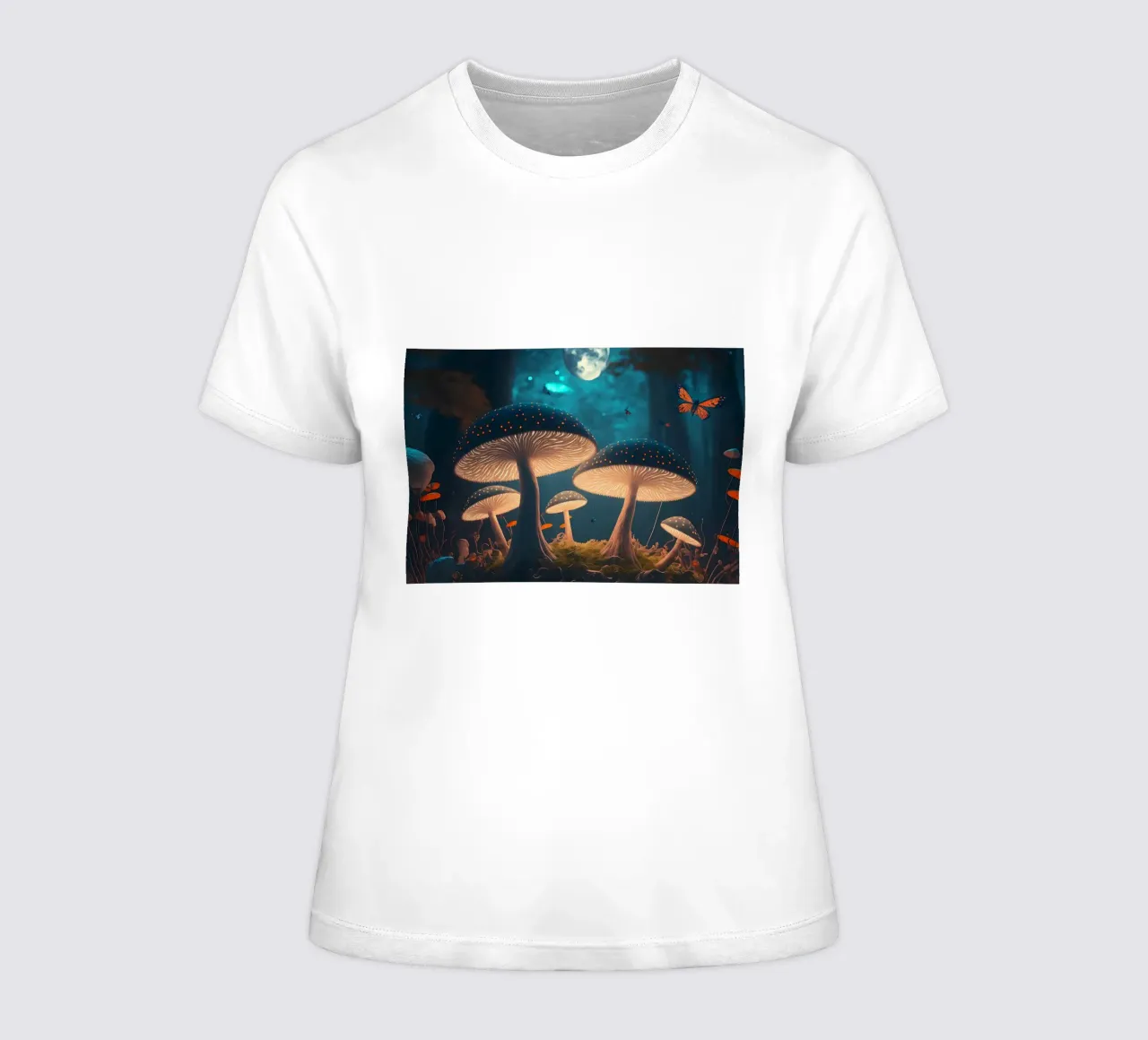 Fantasy glowing mushrooms women's fitted t-shirt by Delaplane
