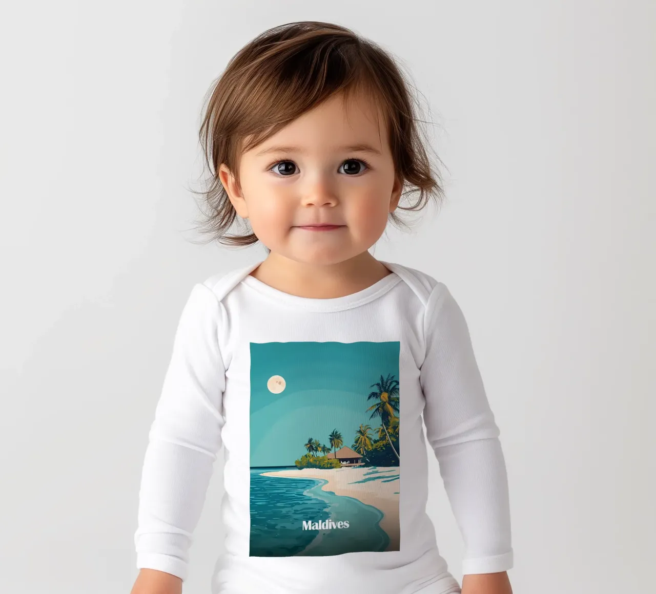 Maldives Island Paradise long-sleeve baby romper by Ginnery