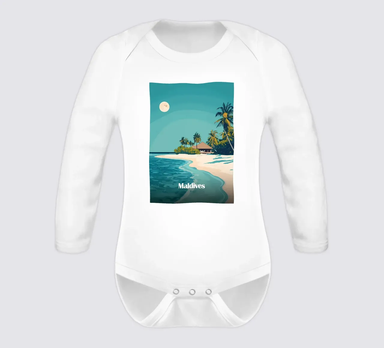 Maldives Island Paradise long-sleeve baby romper by Ginnery