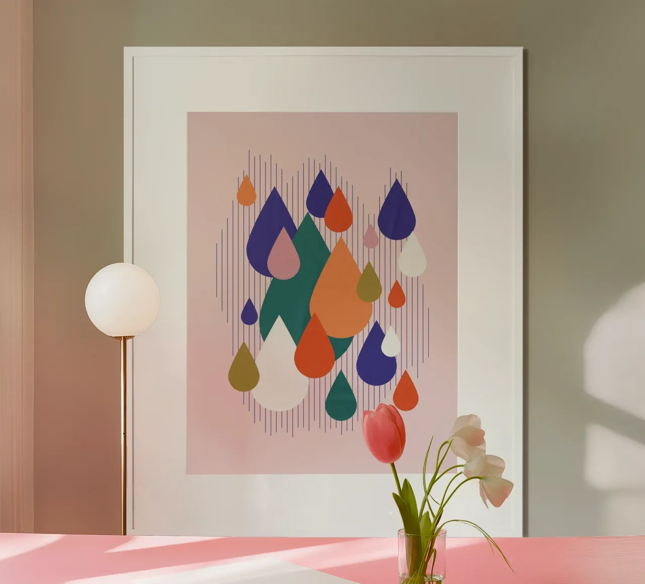 Playful Bauhaus Teardrops on Pink poster con telaio in plastica da showmemars
