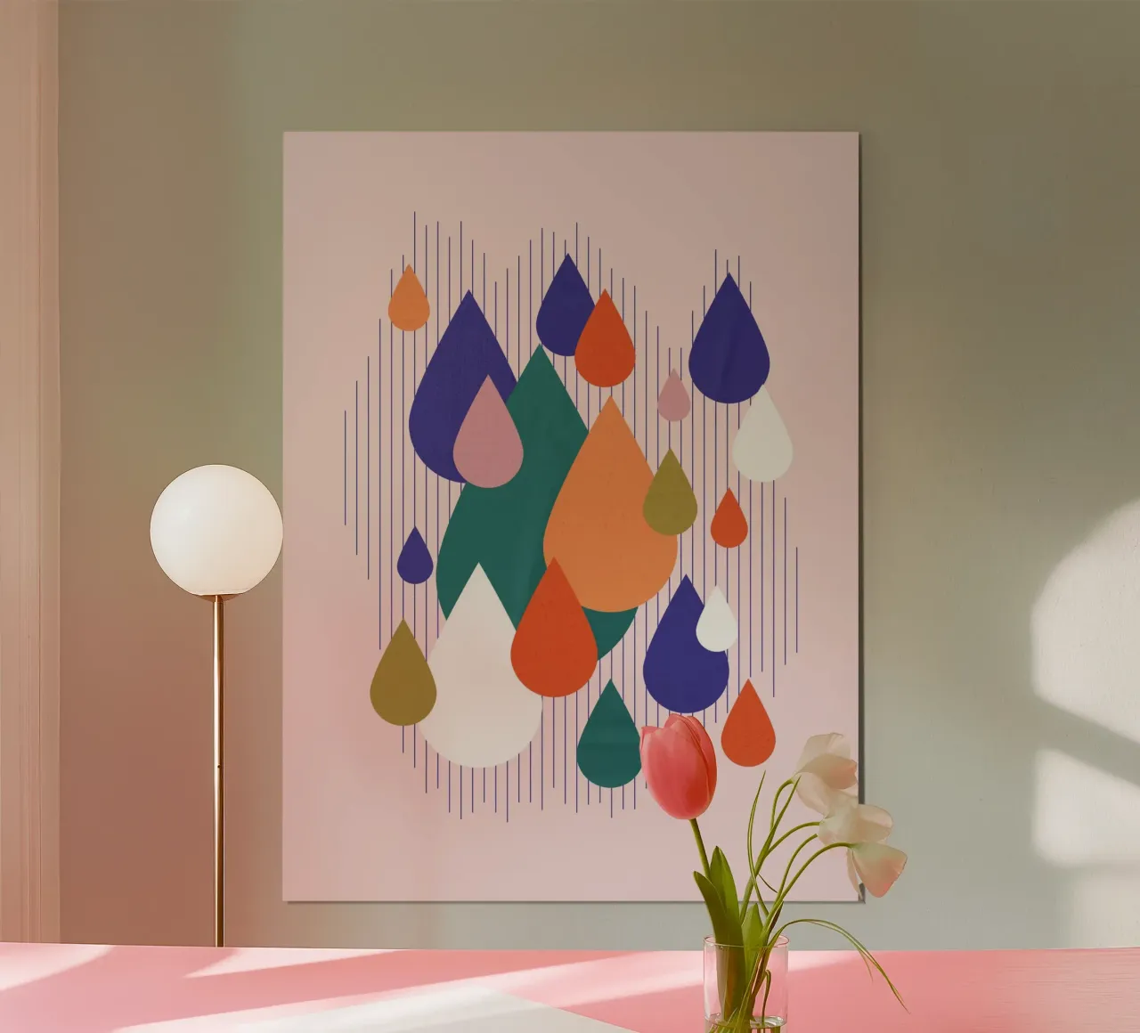 Playful Bauhaus Teardrops on Pink poster con telaio in plastica da showmemars