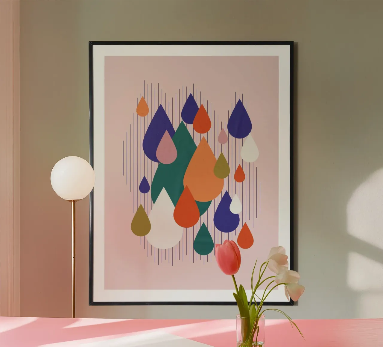 Playful Bauhaus Teardrops on Pink poster con telaio in plastica da showmemars