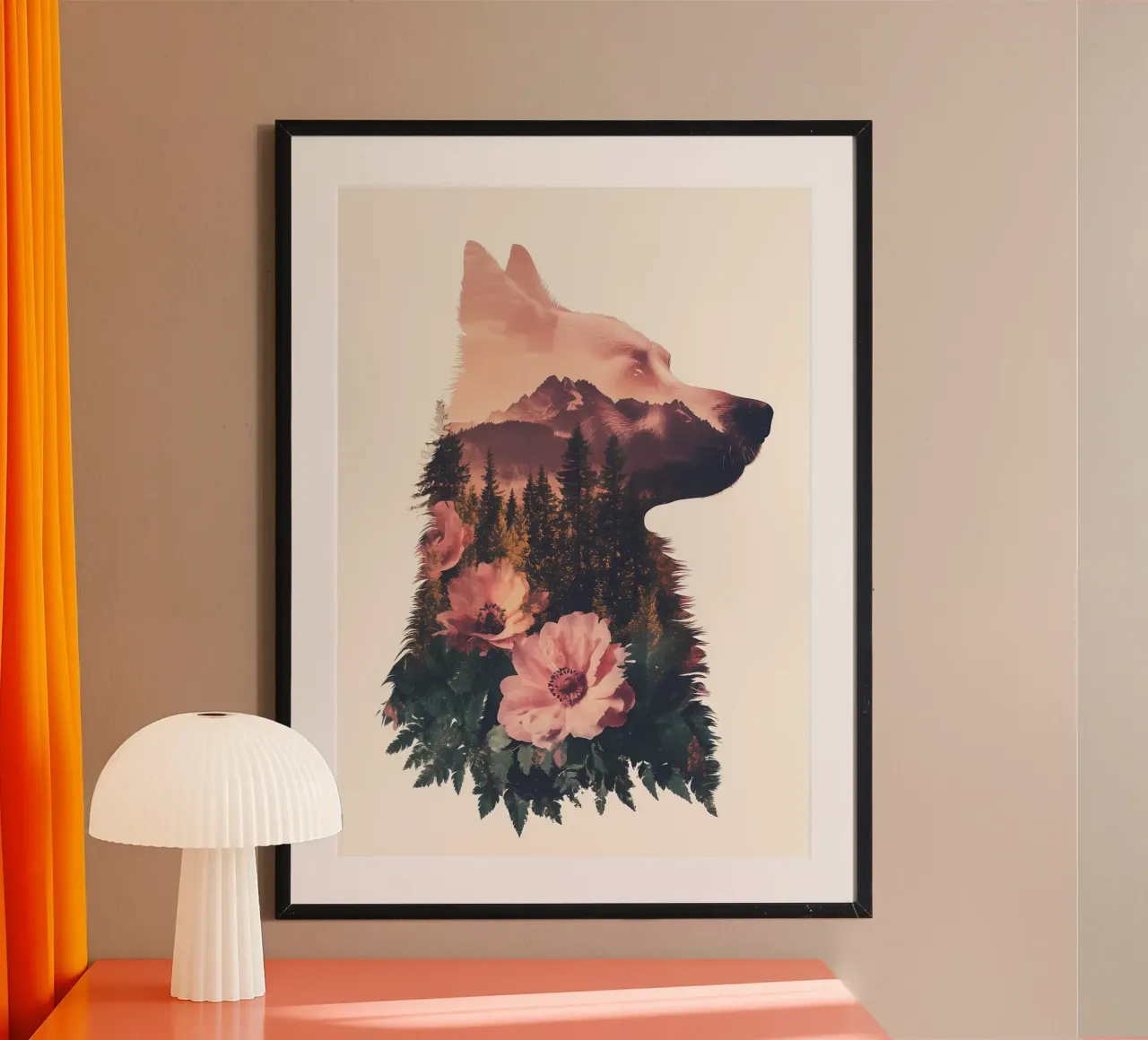 Paesaggio della montagna del lupo poster con telaio in legno da Ginnery