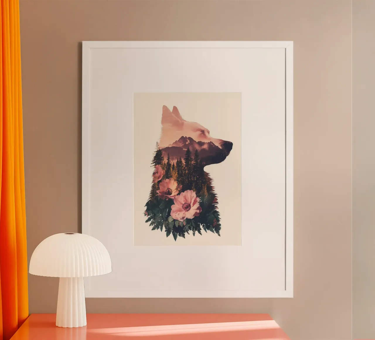 Paesaggio della montagna del lupo poster con telaio in legno da Ginnery