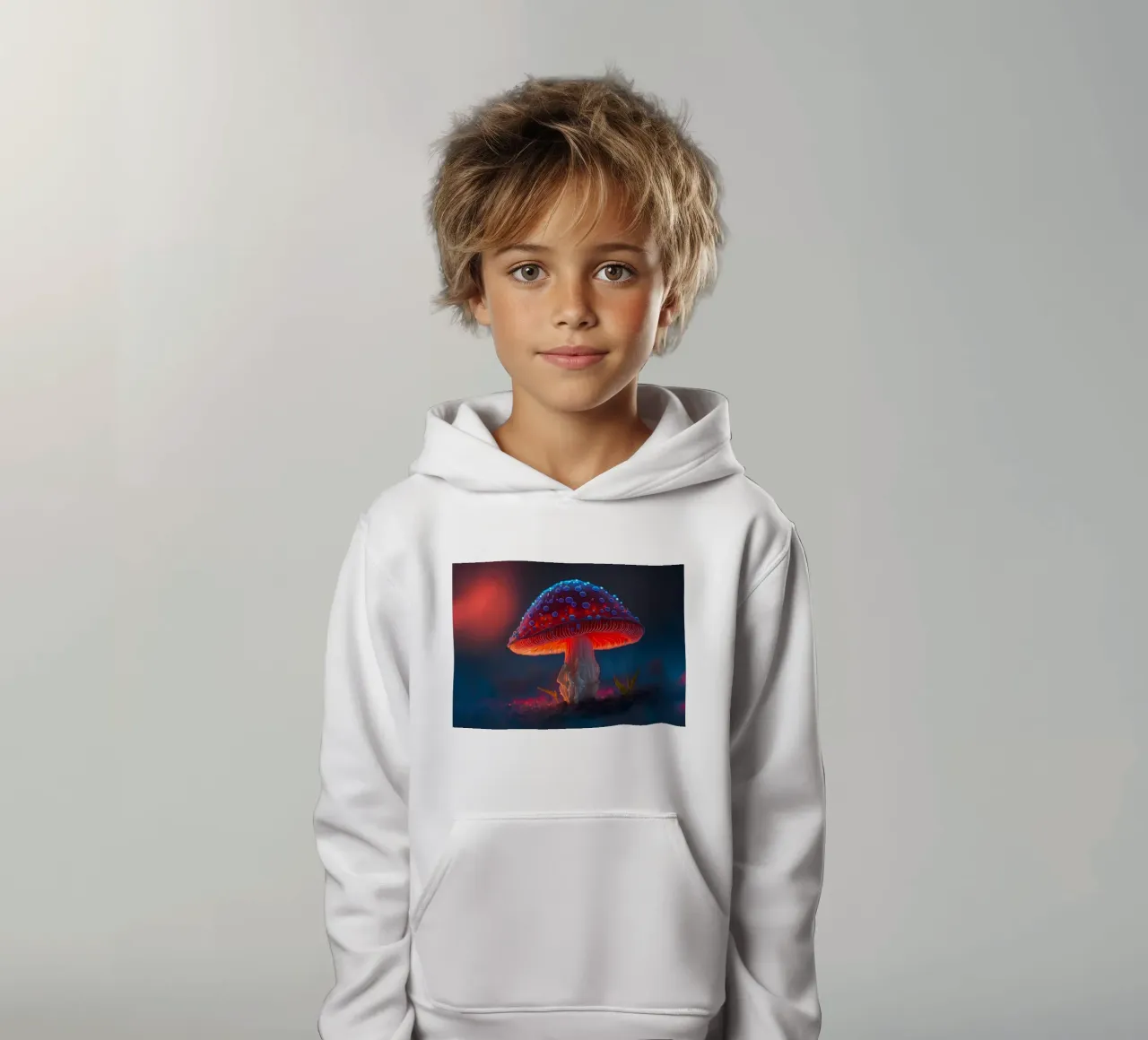 red mushroom glowing kids hoodie by Delaplane