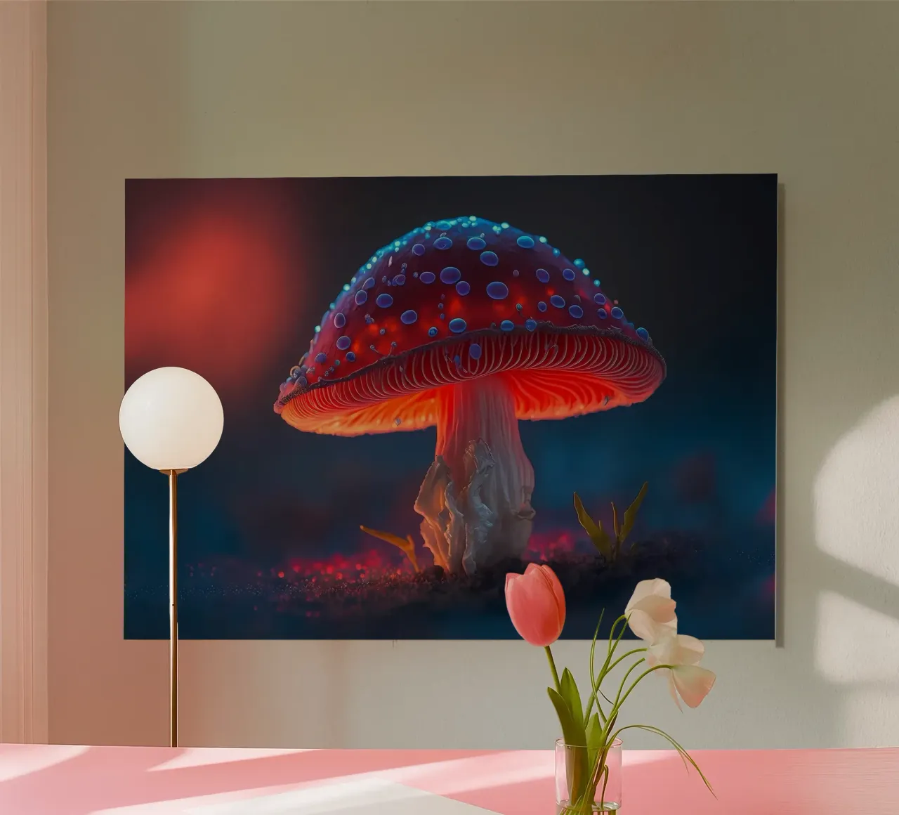 champignons rouges rougeoyants alu dibond de Delaplane