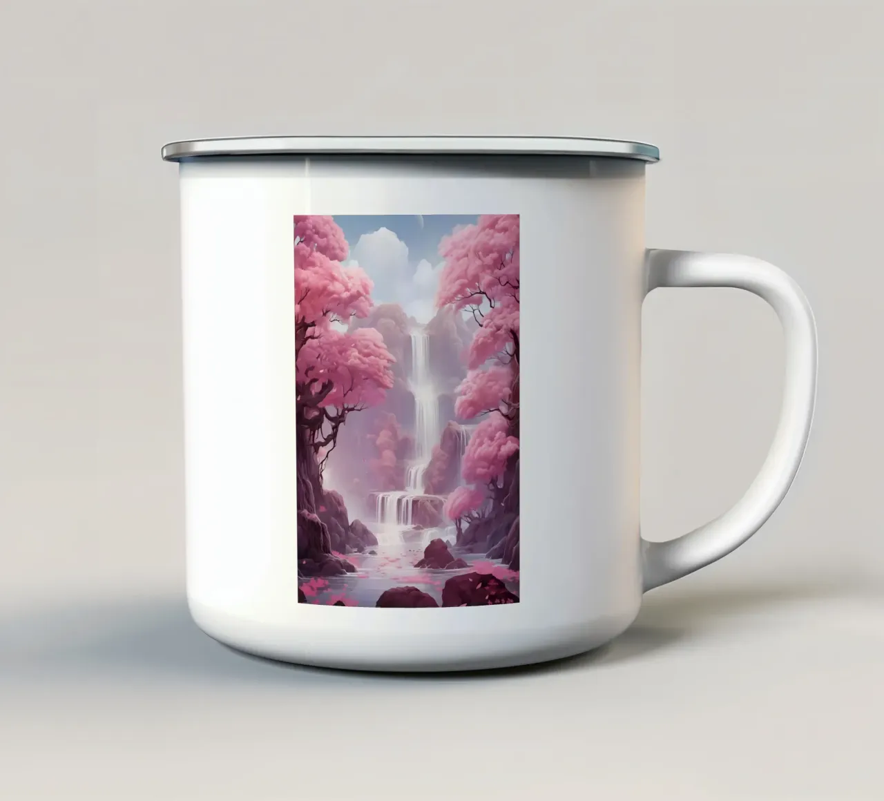 Árboles Sakura en cascada taza de esmalte de Ruth