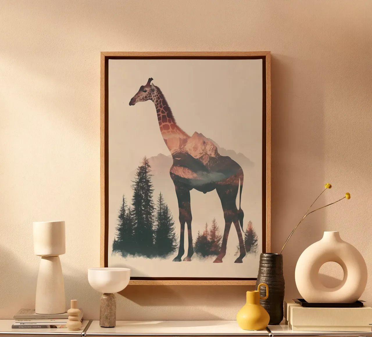 Giraffe Mountain Double Exposure canvas with Floater frame by Ginnery