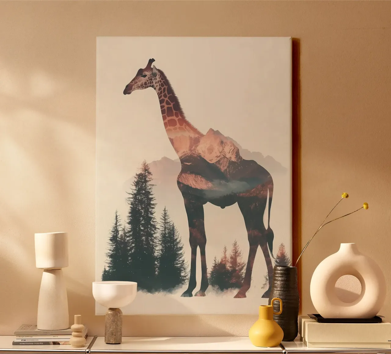 Giraffe Mountain Double Exposure canvas with Floater frame by Ginnery