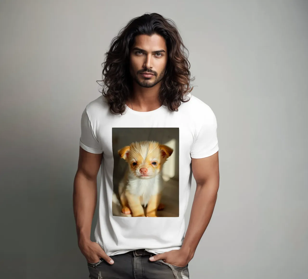 Cute small puppy with fluffy coat sitting on lighted surface t-shirt by DesignDoodle