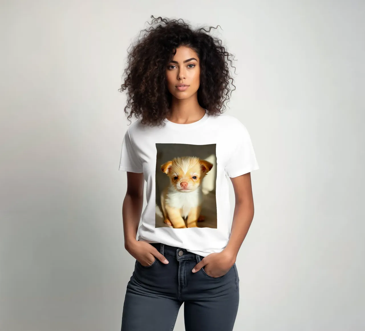 Cute small puppy with fluffy coat sitting on lighted surface t-shirt by DesignDoodle