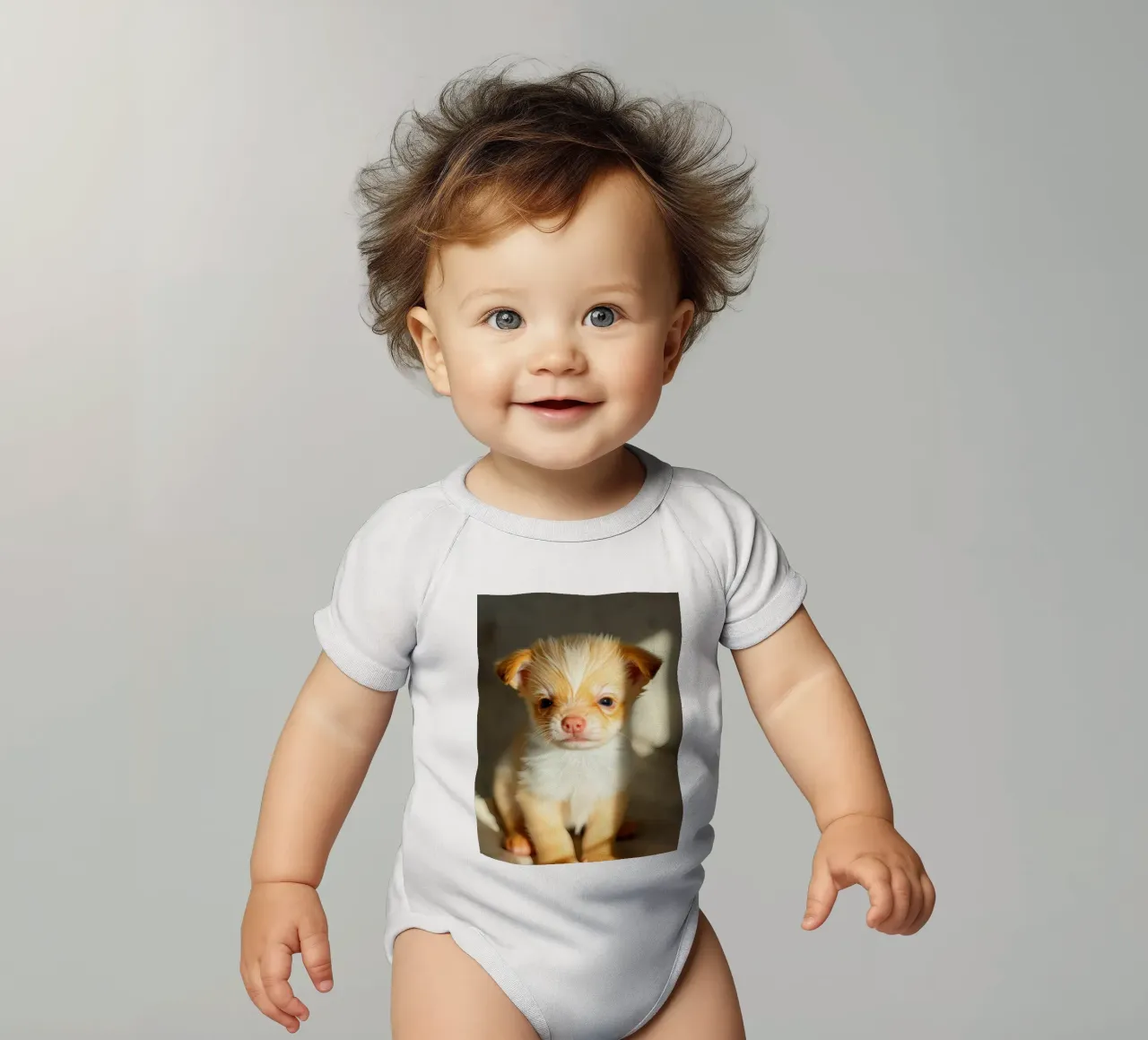 Niedlicher kleiner Welpe mit flauschigem Fell sitzt auf beleuchteter Fläche Kurzarm Babybody von DesignDoodle