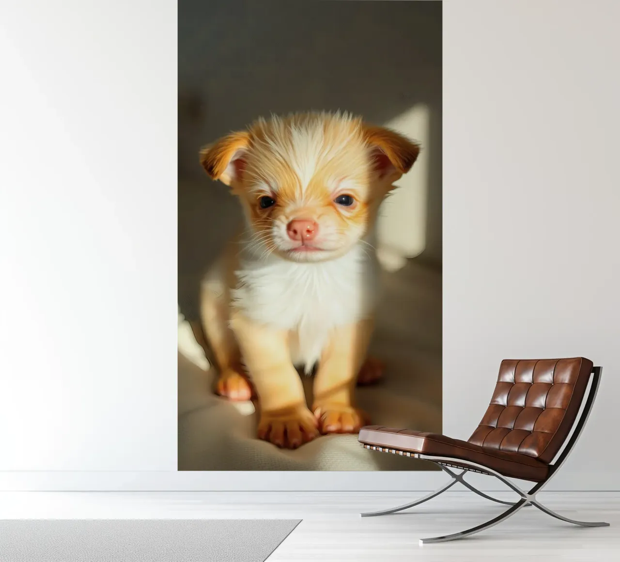Cute small puppy with fluffy coat sitting on lighted surface photo wallpaper by DesignDoodle