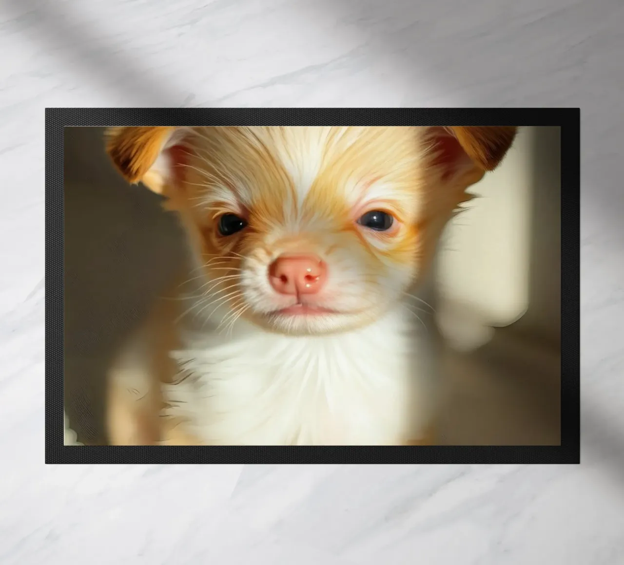 Cute small puppy with fluffy coat sitting on lighted surface doormat by DesignDoodle