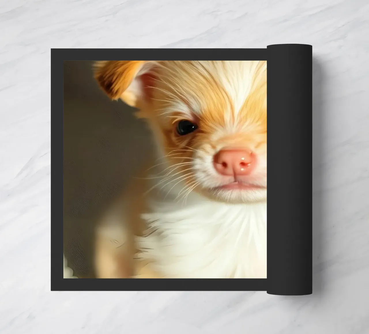 Cute small puppy with fluffy coat sitting on lighted surface doormat by DesignDoodle