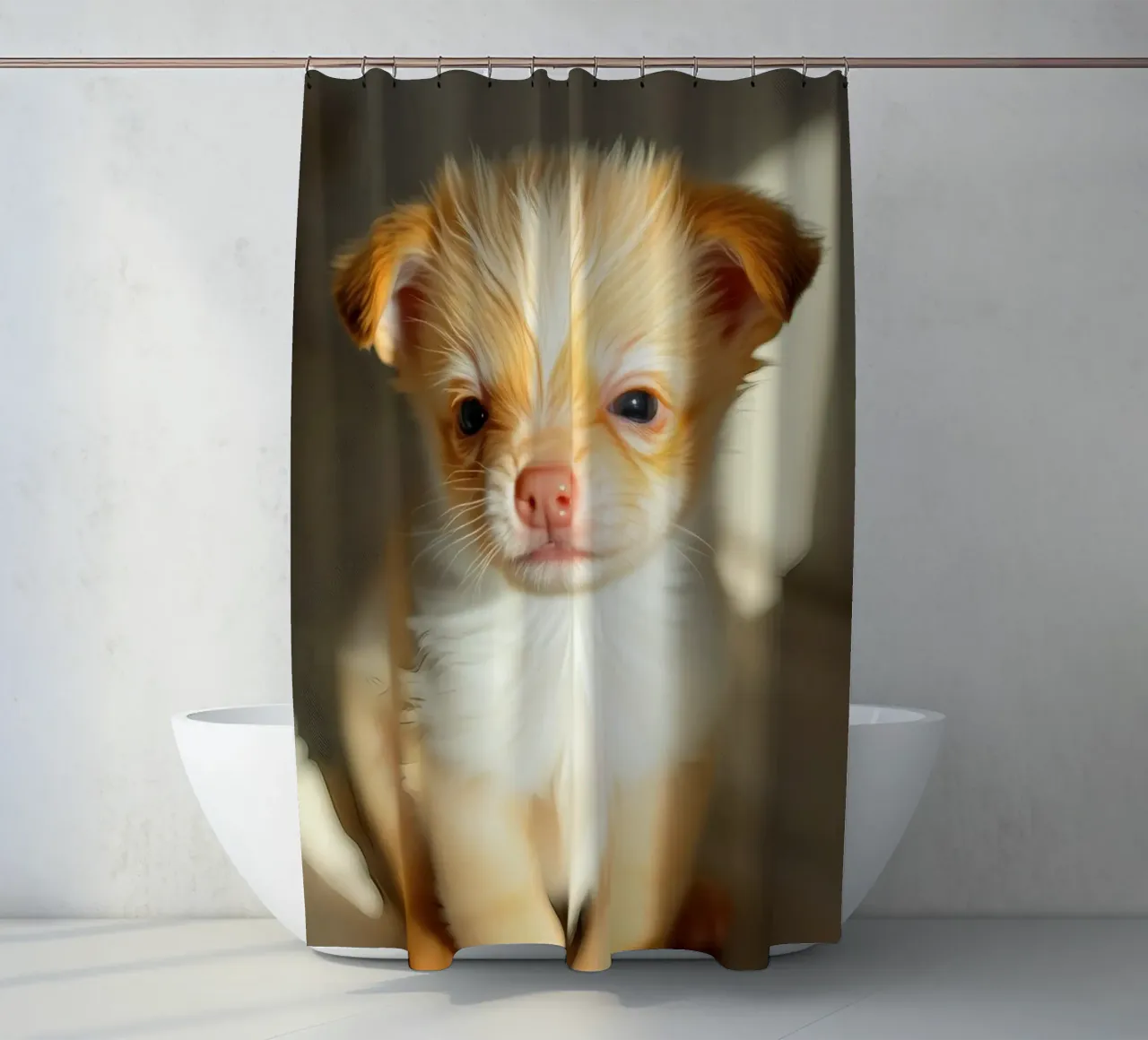 Niedlicher kleiner Welpe mit flauschigem Fell sitzt auf beleuchteter Fläche Duschvorhang von DesignDoodle