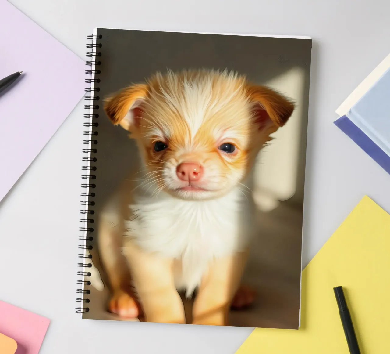 Cute small puppy with fluffy coat sitting on lighted surface spiral notebook by DesignDoodle