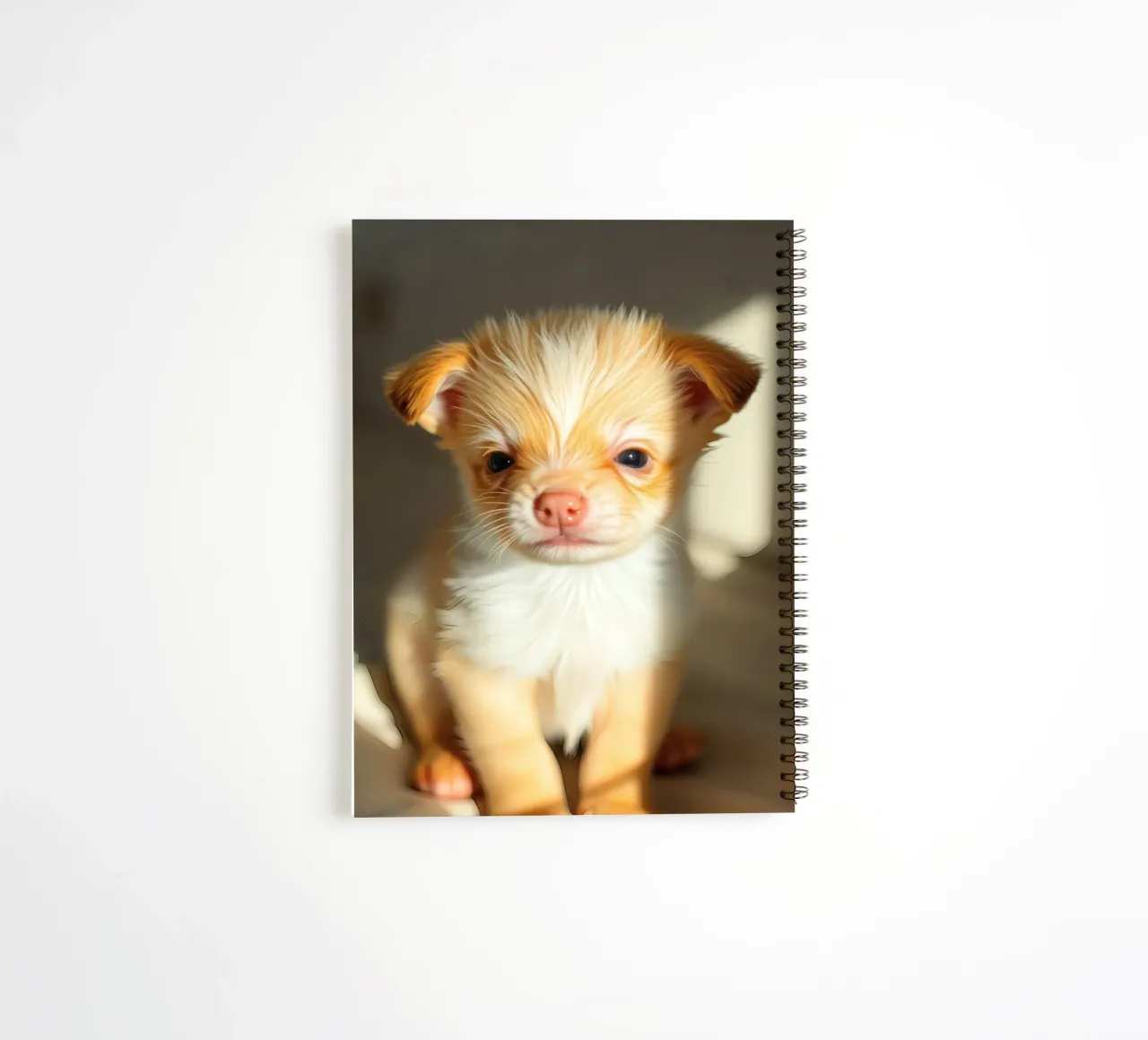 Cute small puppy with fluffy coat sitting on lighted surface spiral notebook by DesignDoodle