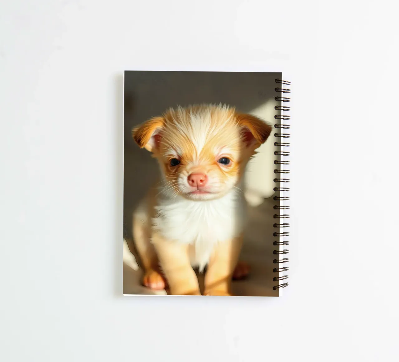 Cute small puppy with fluffy coat sitting on lighted surface spiral notebook by DesignDoodle