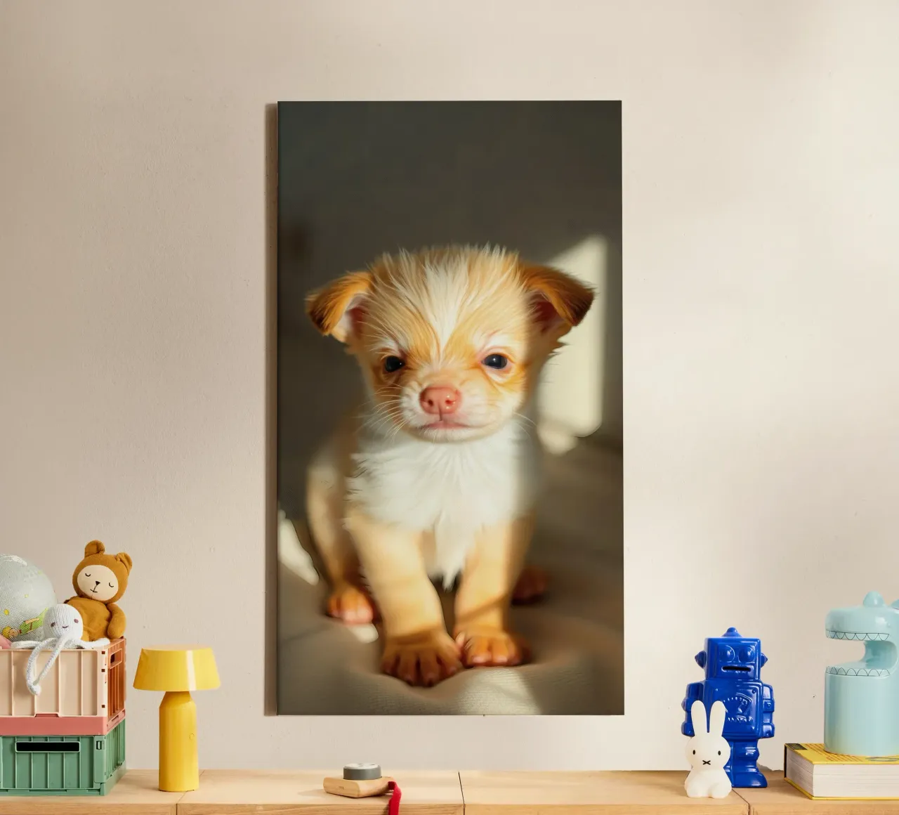 Cute small puppy with fluffy coat sitting on lighted surface canvas by DesignDoodle