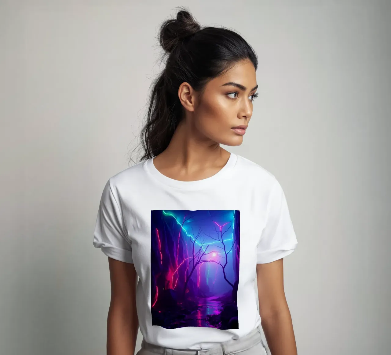 Vibrant neon colors illuminate a mystical canyon t-shirt by DesignDoodle