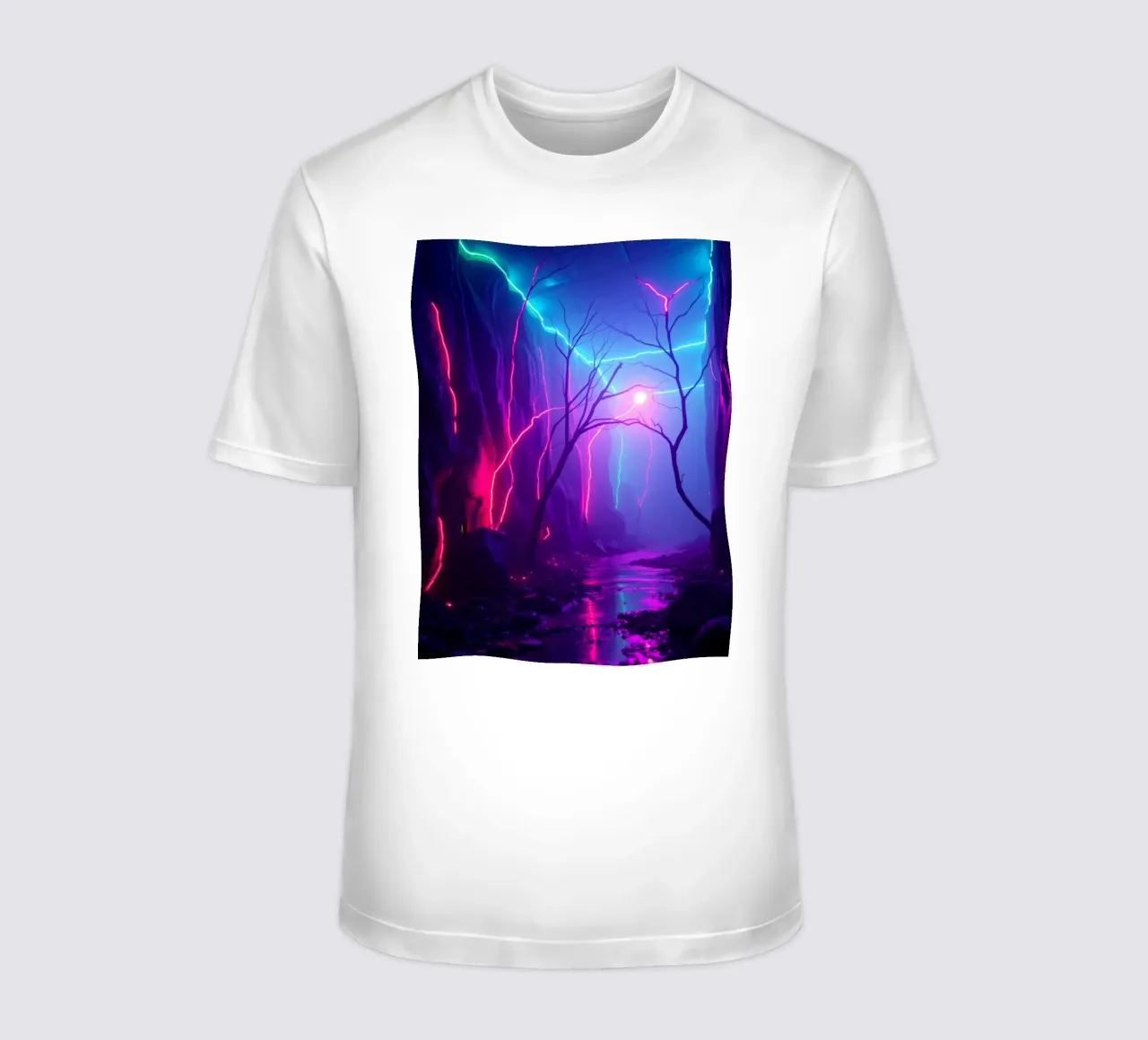 Vibrant neon colors illuminate a mystical canyon t-shirt by DesignDoodle
