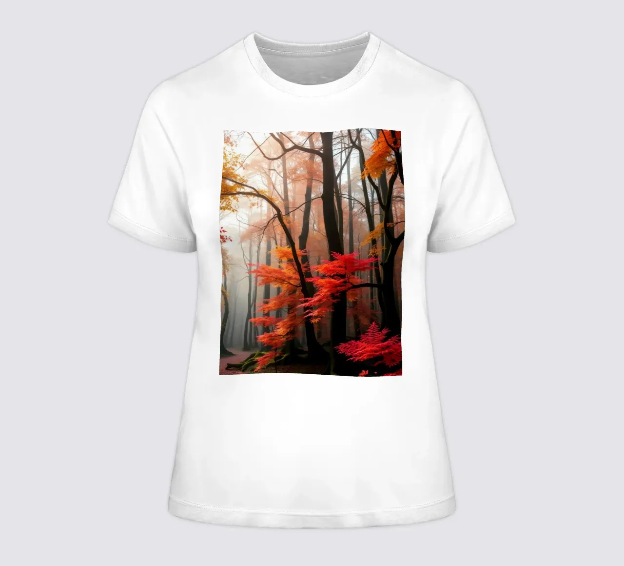 Captivating forest path adorned with vibrant autumn leaves women's fitted t-shirt by DesignDoodle