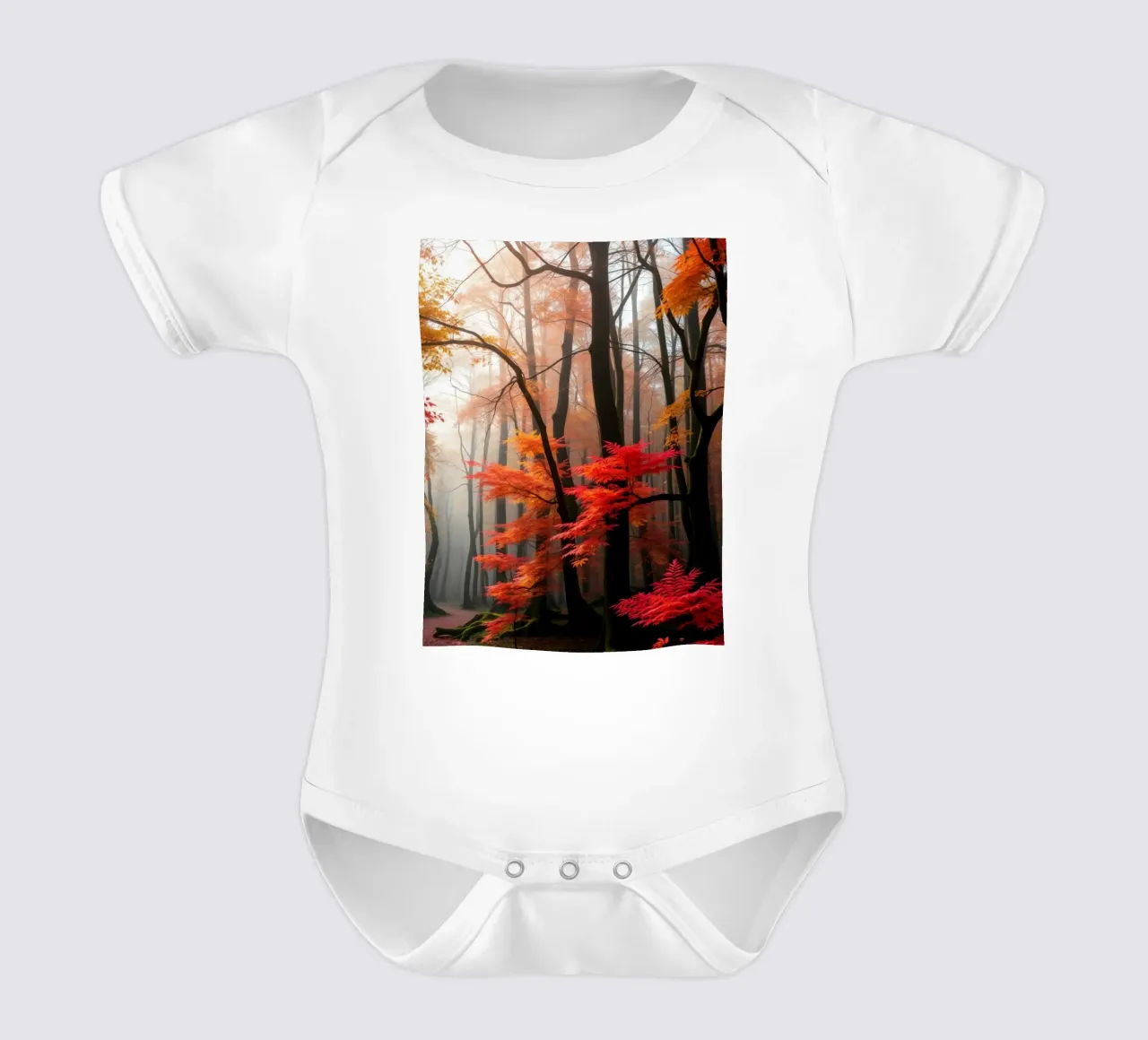 Captivating forest path adorned with vibrant autumn leaves short-sleeve baby romper by DesignDoodle