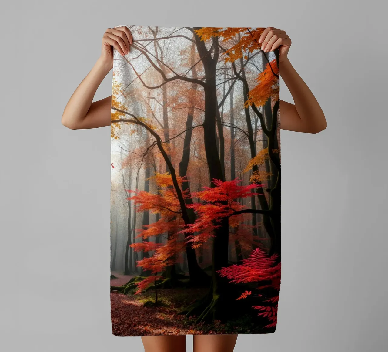 Captivating forest path adorned with vibrant autumn leaves towel by DesignDoodle