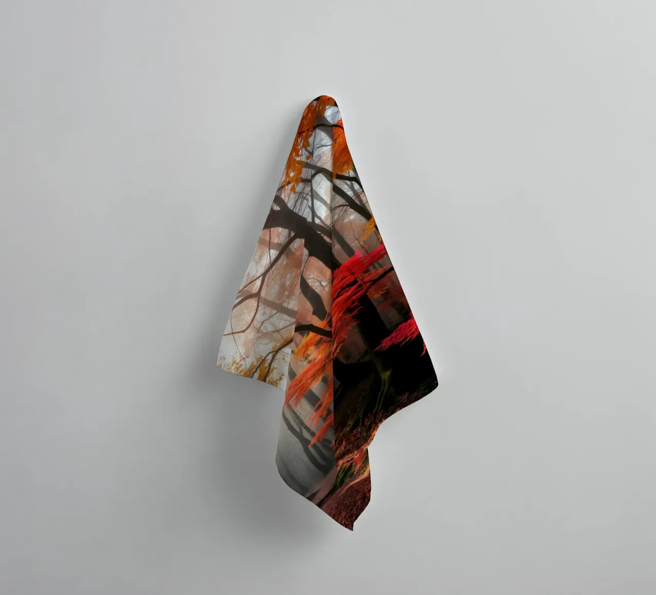 Captivating forest path adorned with vibrant autumn leaves towel by DesignDoodle