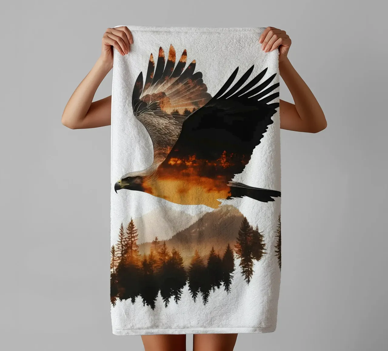 Eagle Soaring Through Mountains towel by Ginnery