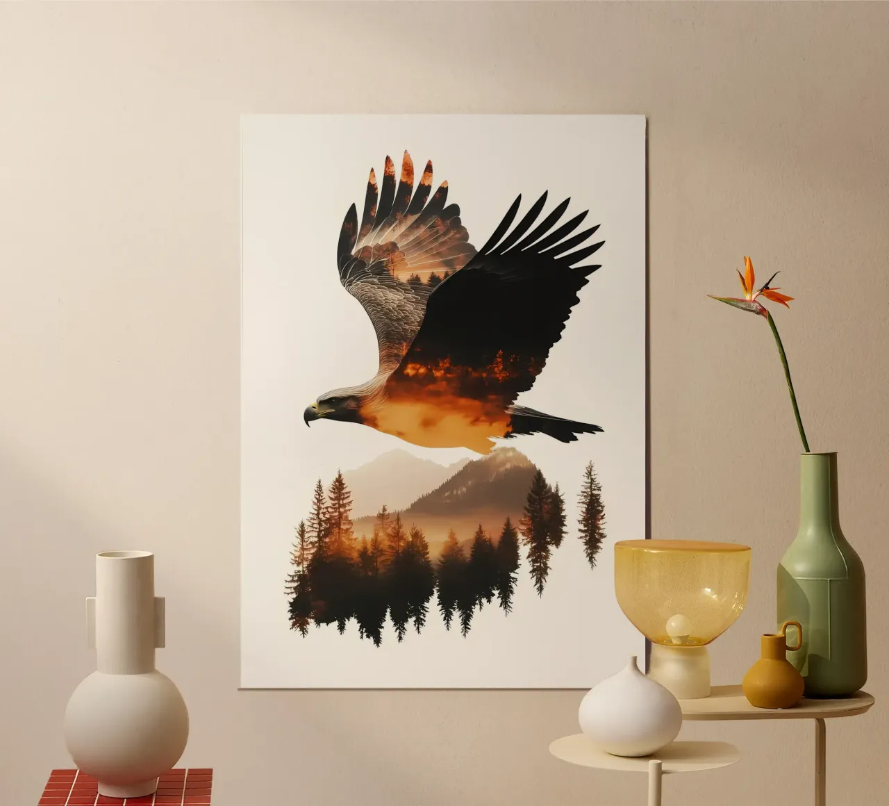 Aigle s'élevant à travers les montagnes poster avec cadre en aluminium de Ginnery