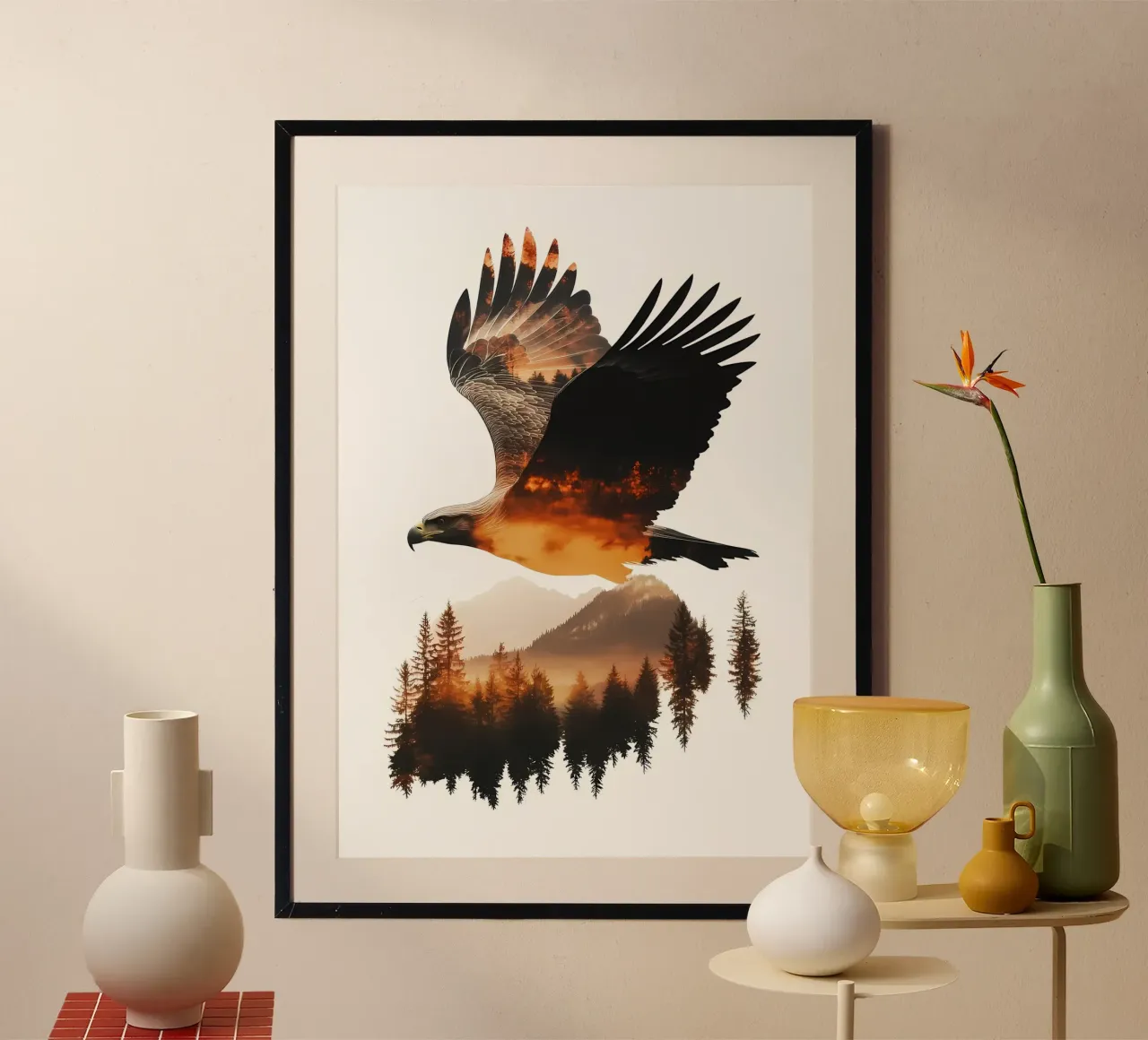 Aigle s'élevant à travers les montagnes poster avec cadre en aluminium de Ginnery