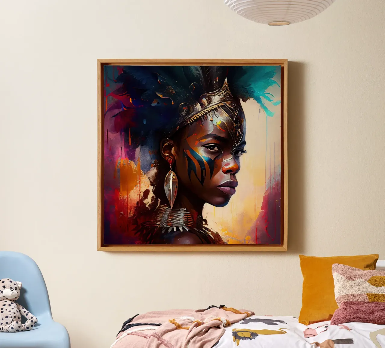 Poderosa mujer guerrera africana lienzo con Marco flotante de Chromatic Fusion Studio