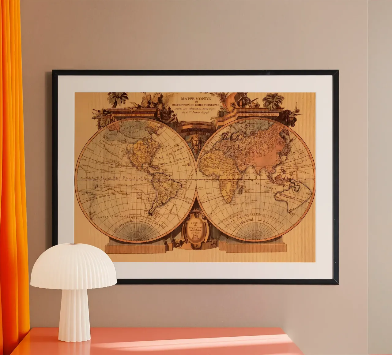 Mappa del mondo d'epoca poster con telaio in plastica da Delaplane