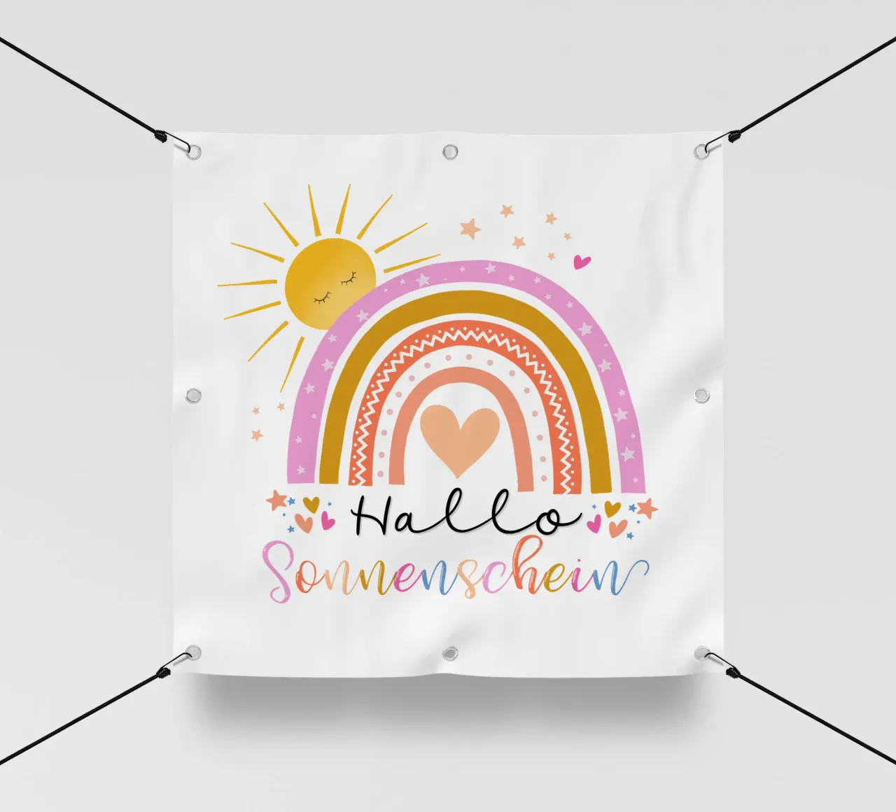 Ciao, sole. Simpatico arcobaleno in rosa. Per i bambini telo in pvc da CalliLetters
