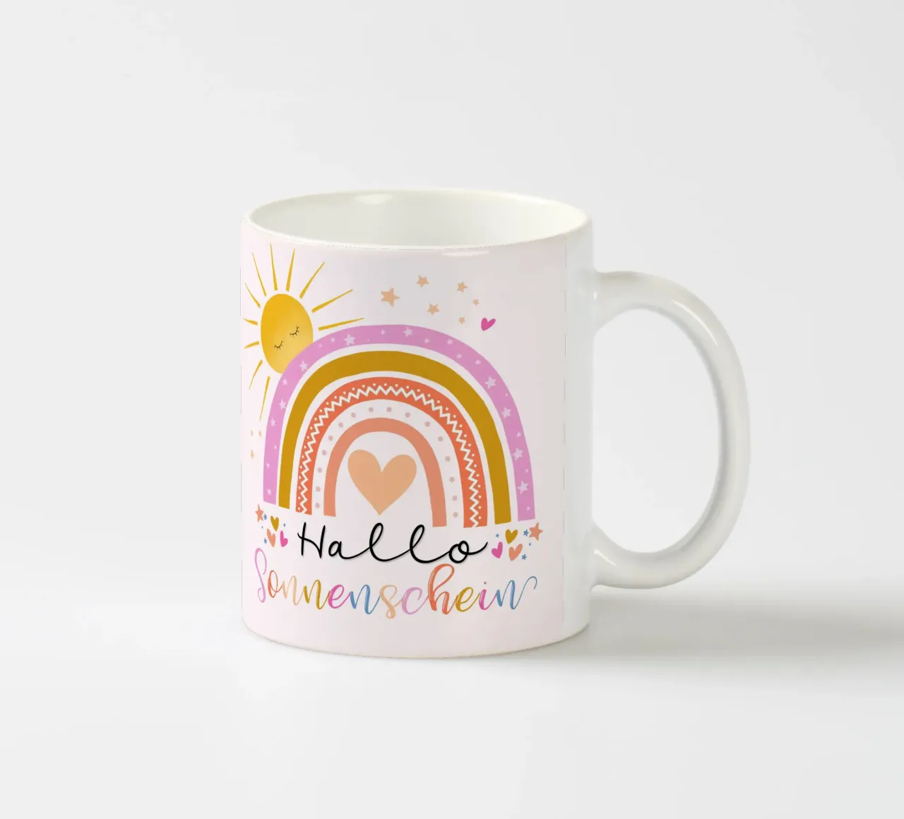 Ciao, sole. Simpatico arcobaleno in rosa. Per i bambini tazza in ceramica da CalliLetters