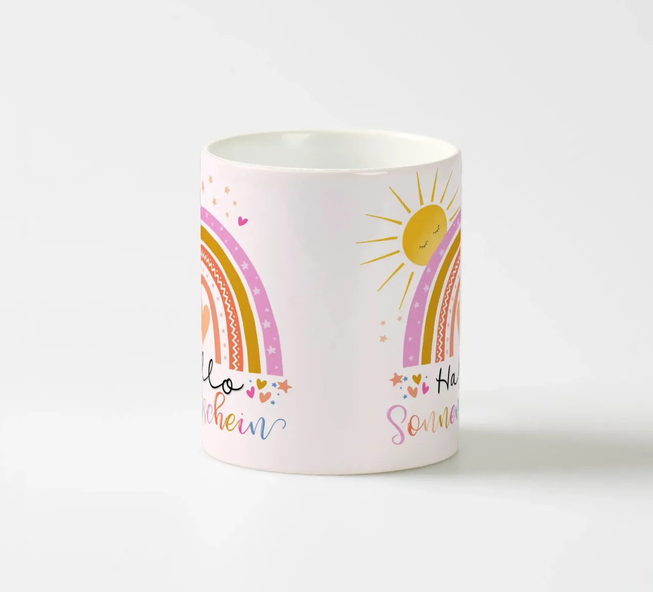Ciao, sole. Simpatico arcobaleno in rosa. Per i bambini tazza in ceramica da CalliLetters